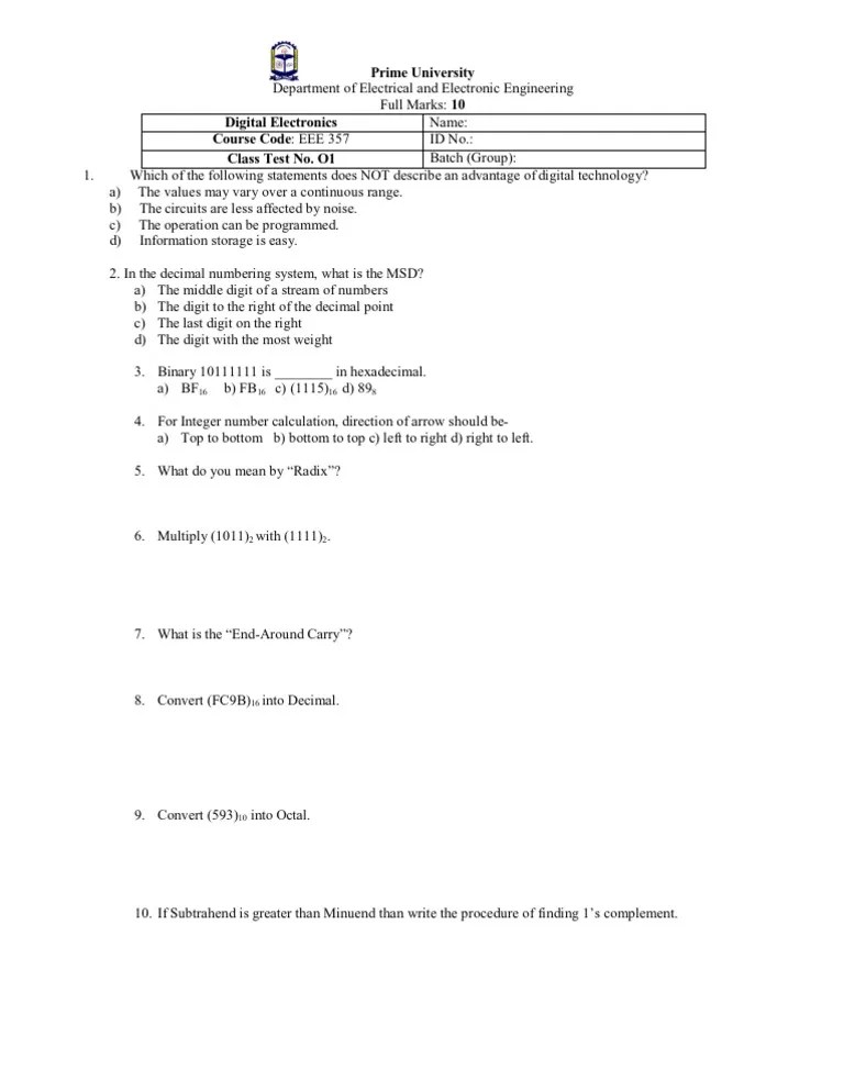 Digital Electronics Class Test Question No. 01