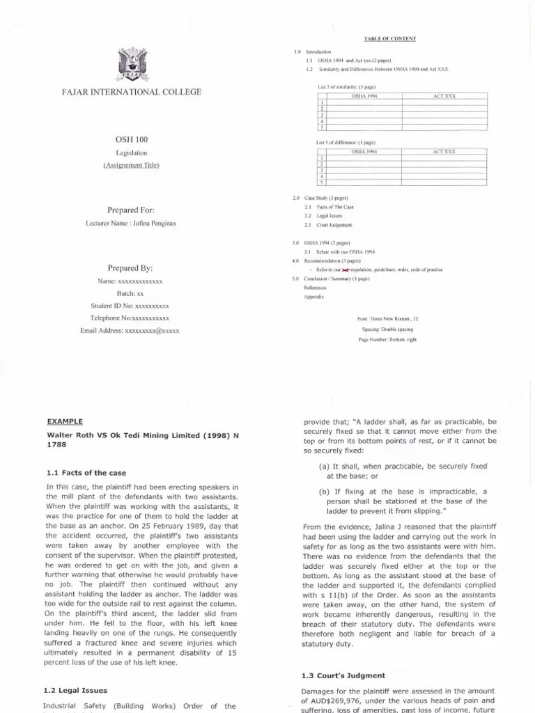 OSH Legislation Assignment Safety Employment