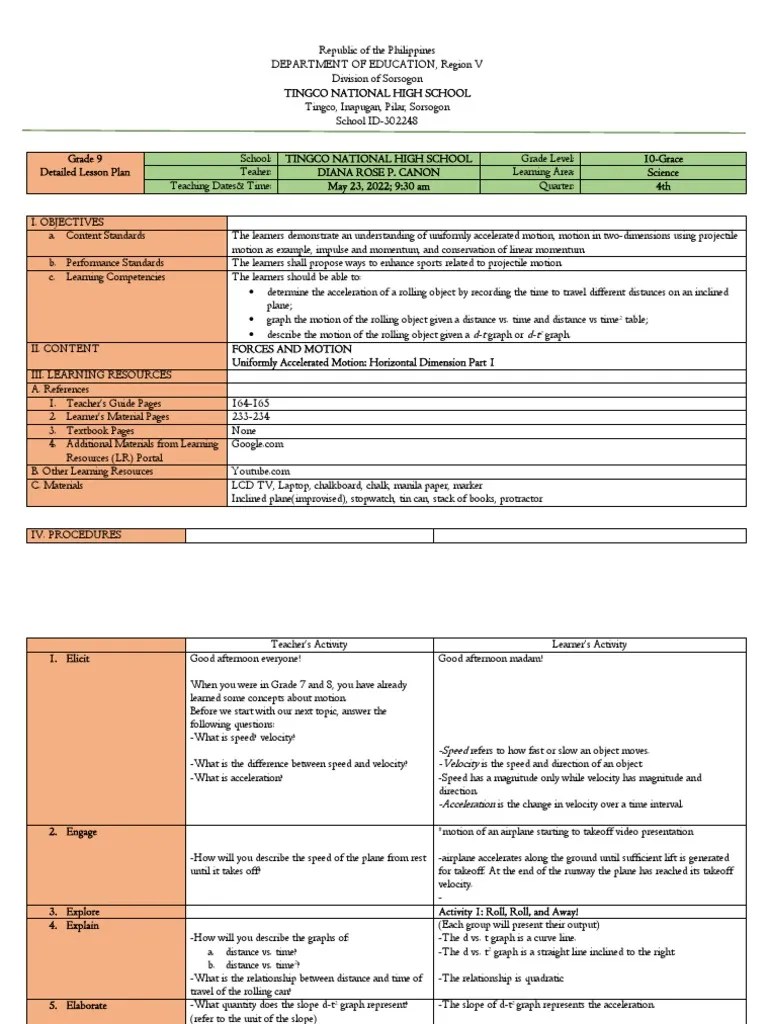 Detailed Lesson Plan in Uniformly Accelerated Motion PDF Velocity