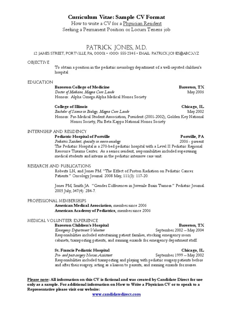 Medical CV Sample Post Residency Residency (Medicine) Medical School
