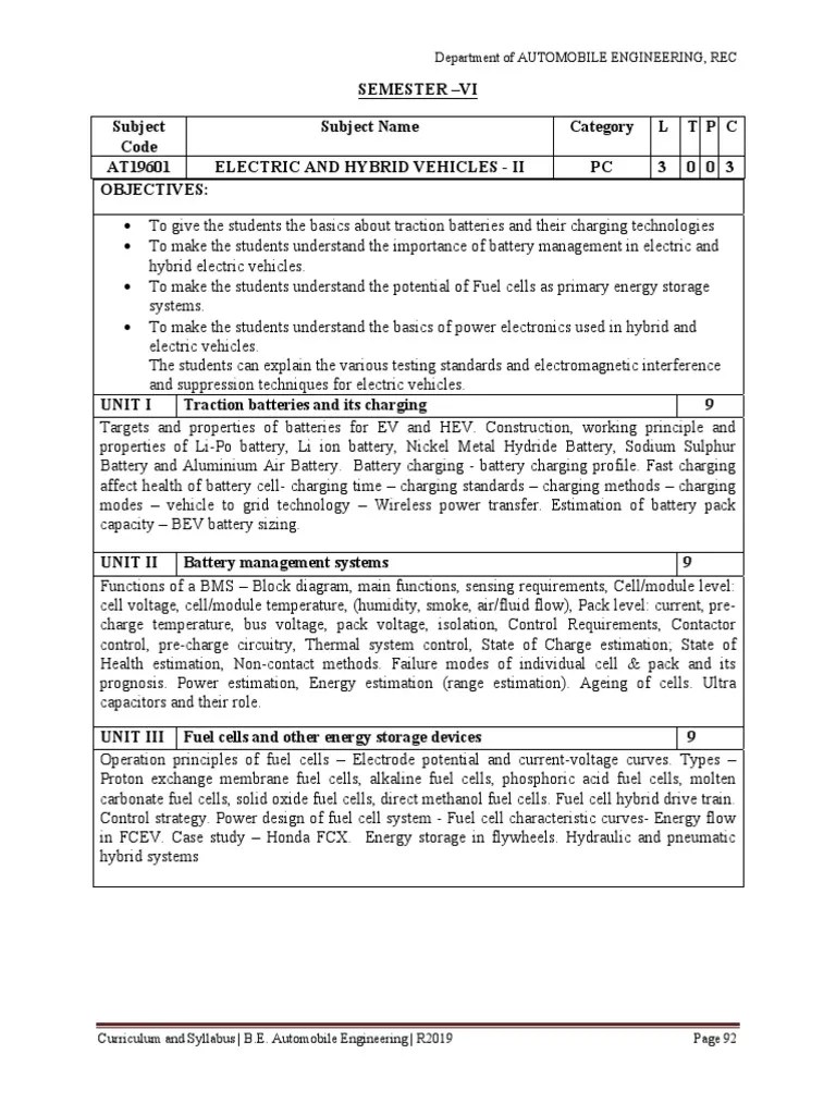 EHV II Syllabus PDF Fuel Cell Electric Vehicle