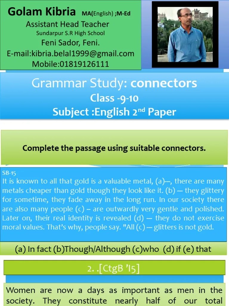 Grammar Study Connectors Class 910 SubjectEnglish 2 Paper PDF