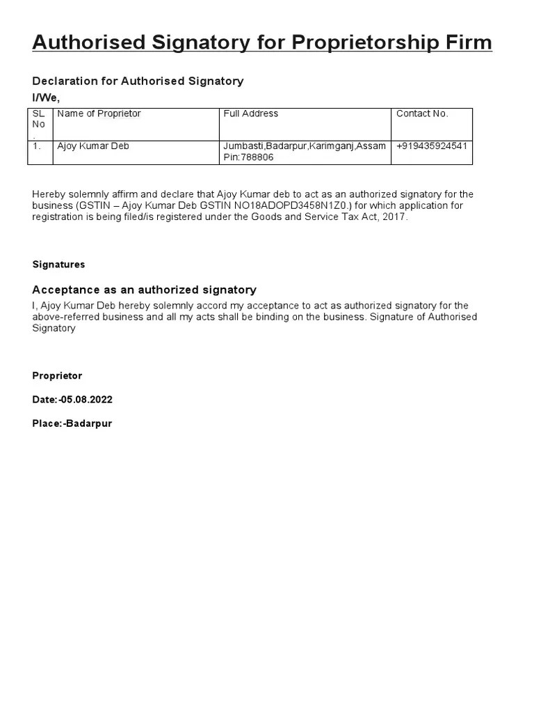 Authorised Signatory for Proprietorship Firm PDF