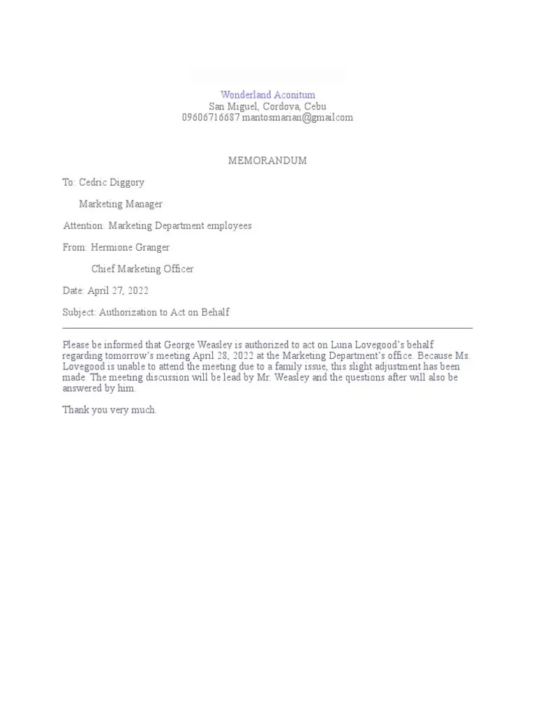 Authorization Memorandum Format PDF