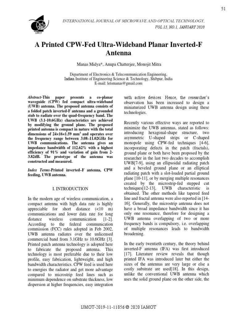 A Printed CPWFed UltraWideband Planar InvertedF Antenna