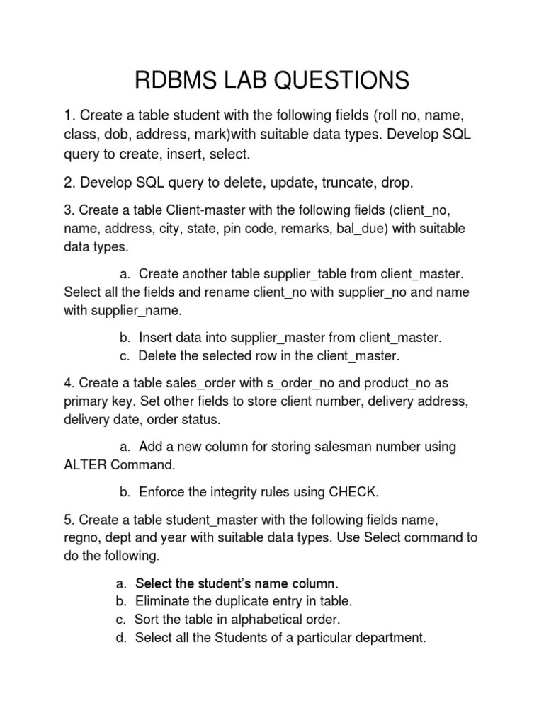 rdbms lab questions PDF Table (Database) Relational Database
