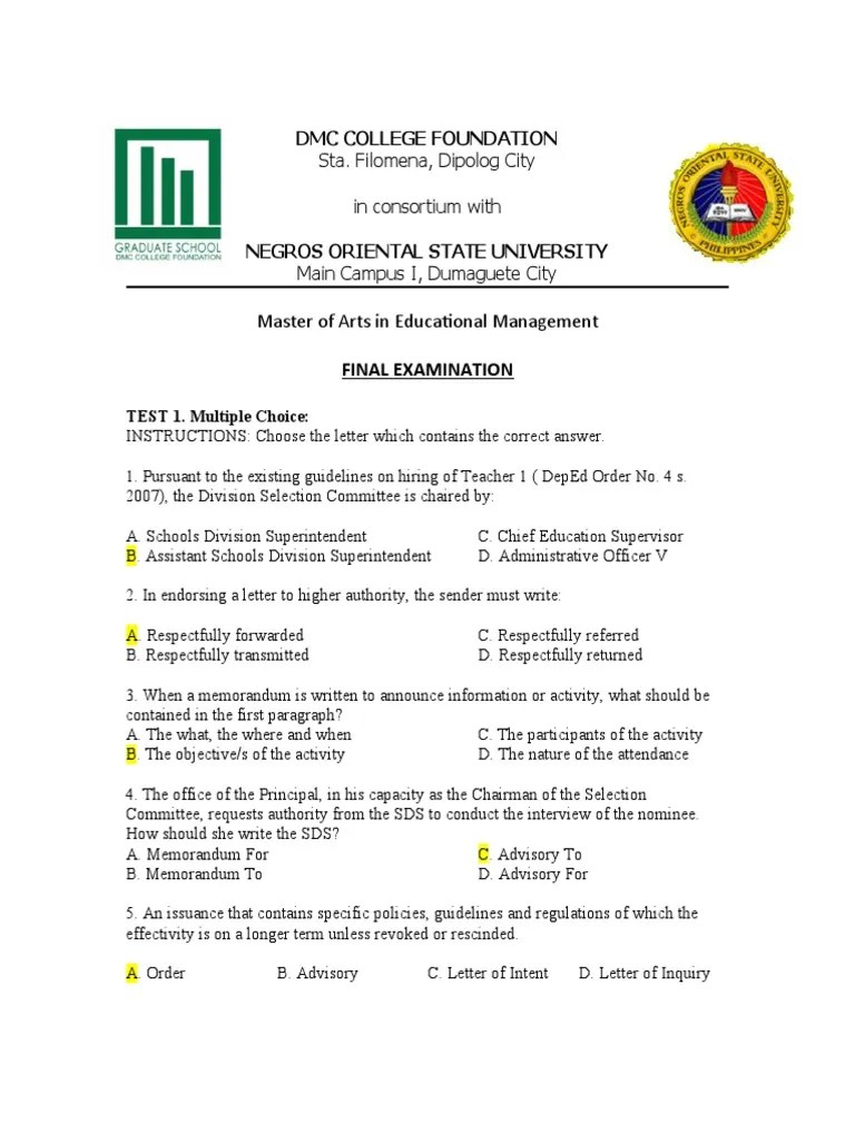 Master of Arts in Educational Management Final Examination Multiple