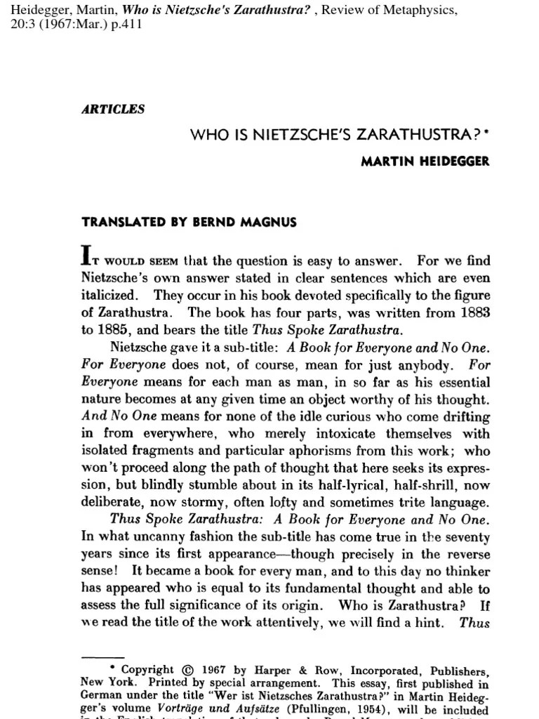 Martin Heidegger Who Is Nietzsche's Zarathustra? PDF Thus Spoke