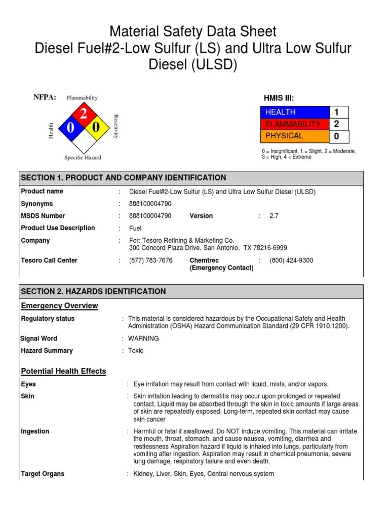 Material Safety Data Sheet Diesel Fuel2Low Sulfur (LS) and Ultra Low