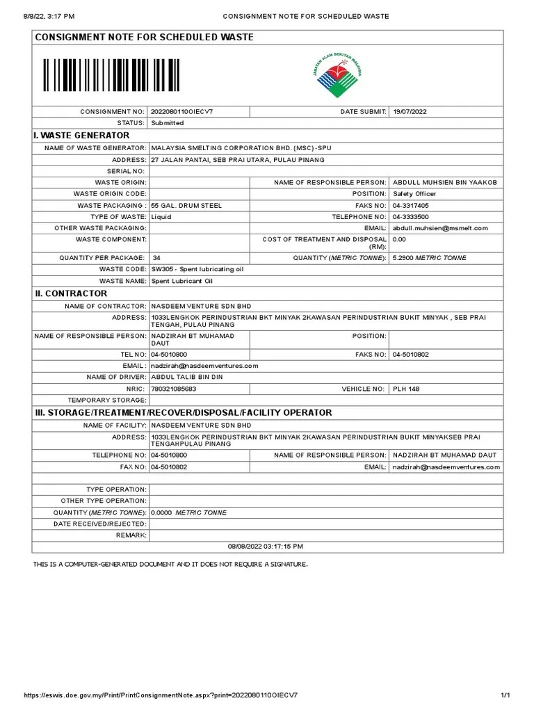 Consignment Note For Scheduled Waste PDF Waste Economies