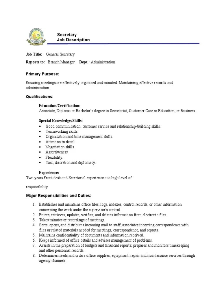 Job Description Secretary PDF Business
