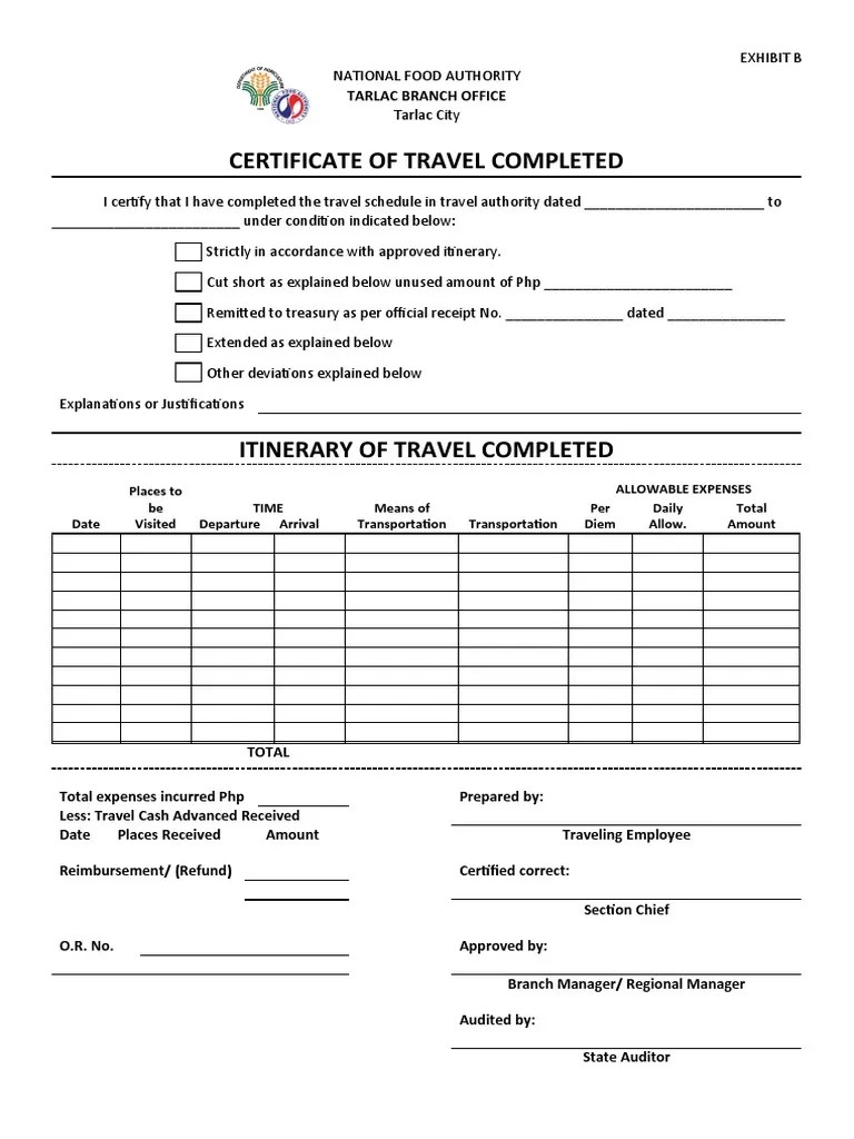 CERTIFICATE OF TRAVEL COMPLETED PDF