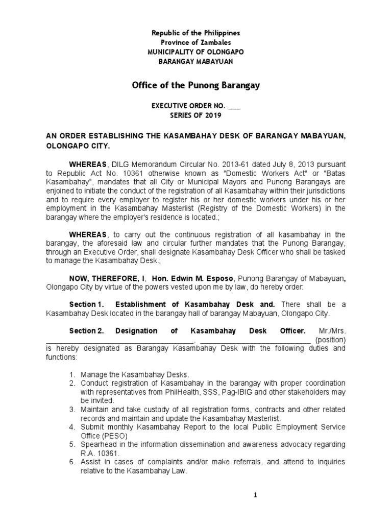 Establishing the Kasambahay Desk and Designating a Kasambahay Desk