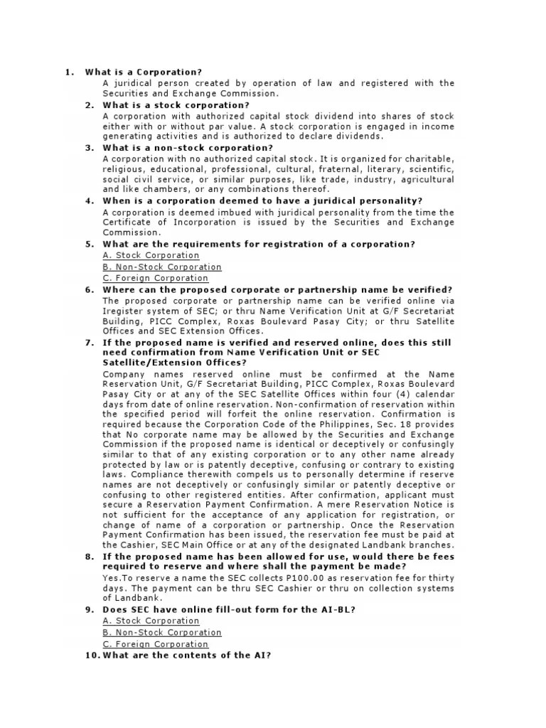 A. Stock Corporation B. NonStock Corporation C. Foreign Corporation