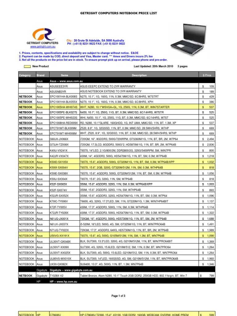 Notebook Price List PDF Laptop Computer Hardware