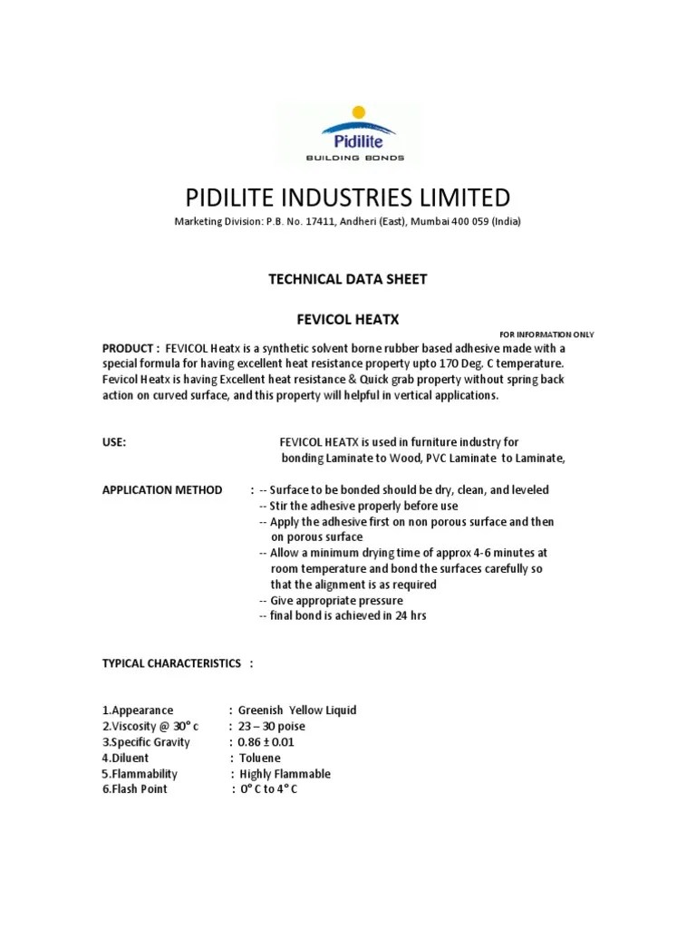 Pidilite Industries Limited Technical Data Sheet Fevicol Heatx PDF