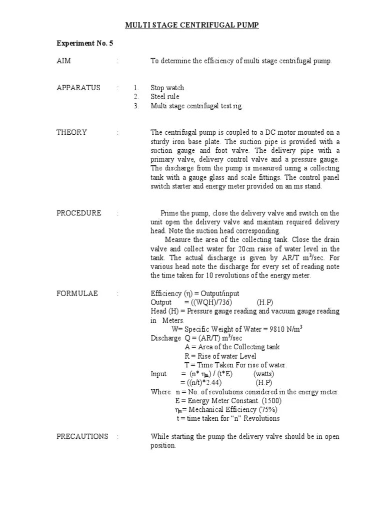 Multi Stage Centrifugal Pump Experiment No. 5 PDF Pump Pressure