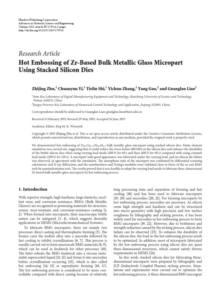 Hot Embossing of ZrBased Bulk Metallic Glass Micr PDF Viscosity