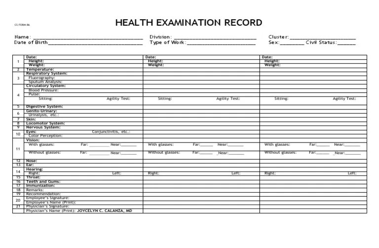 CS Form 86 Health Examination Record PDF