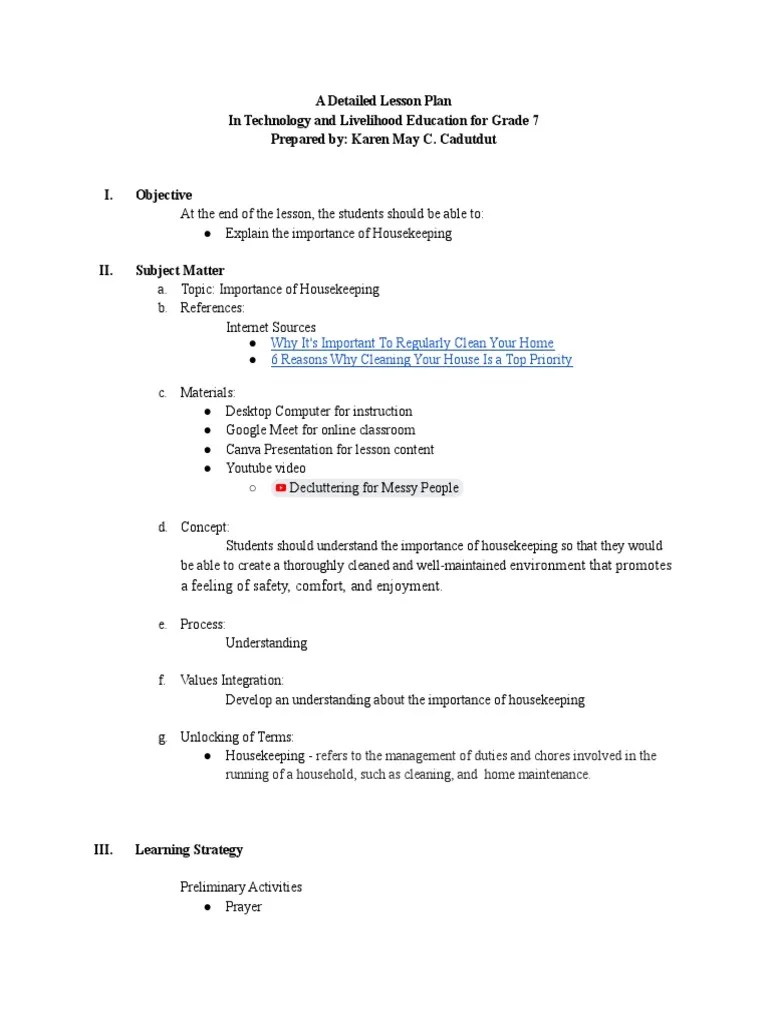 Lesson Plan in TLE Grade 7 Housekeeping PDF Lesson Plan Teachers