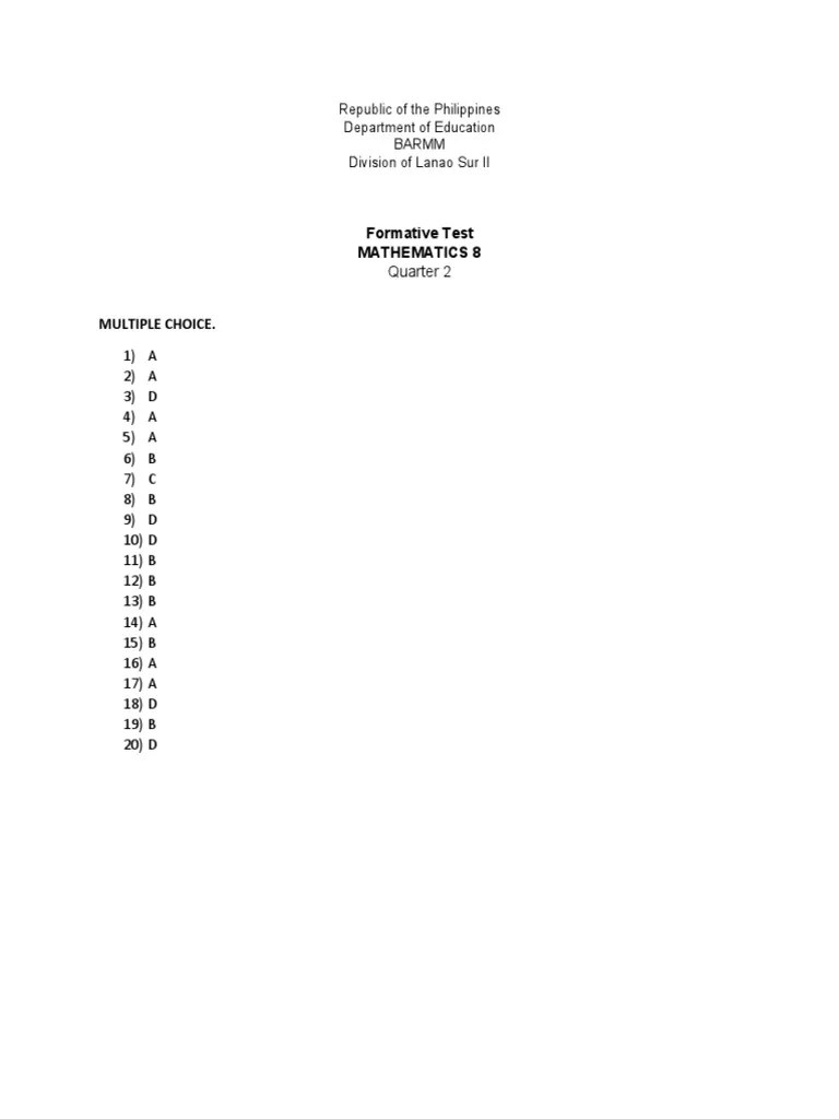 Formative Test Answer Key (Grade 8) PDF