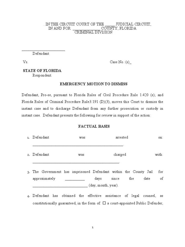 Florida Emergency Motion to Release Prisoner for Violation of Speedy