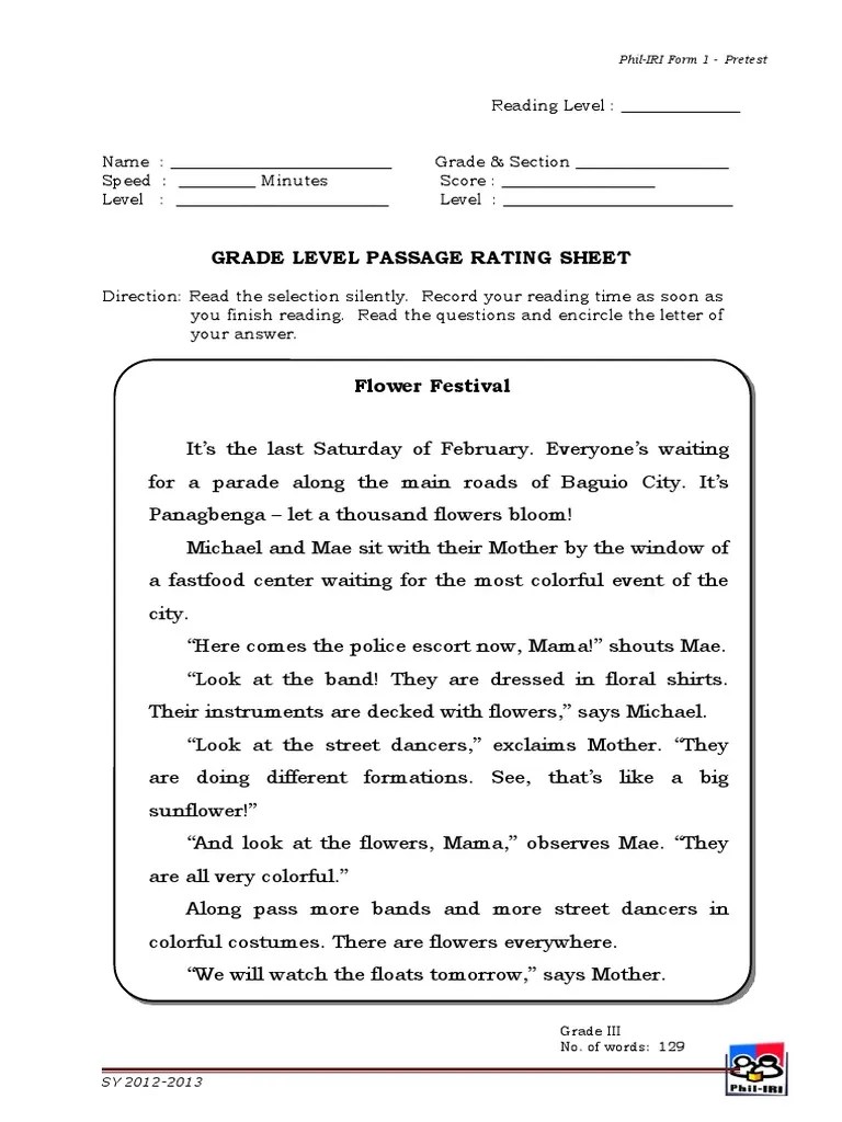 Grade Level Passage Rating Sheet PhilIRI Form 1 Pretest PDF Flowers(03)