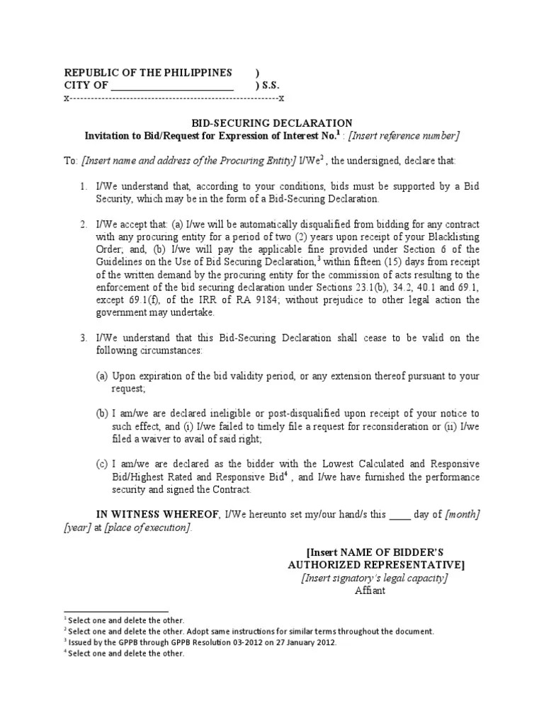 Bid Securing Declaration Form 2015 PDF Affidavit Notary Public