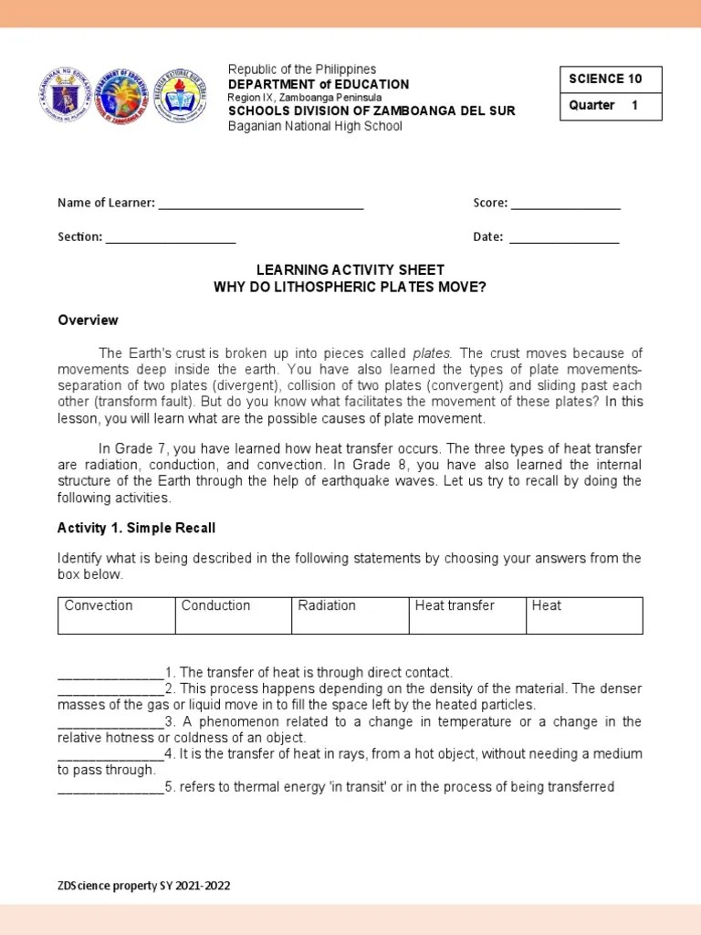 Learning Activity Sheet Why Do Lithospheric Plates Move? Republic of