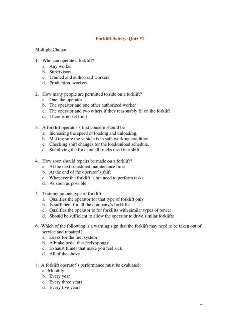 Forklift Safety Quiz PDF Forklift Truck
