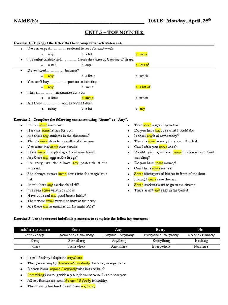 Top Notch 2 Unit 5 Worksheet PDF
