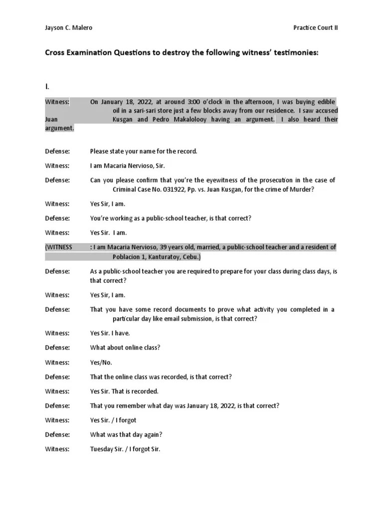 CrossExaminationQuestionsForMockTrial PDF Witness Criminal Law