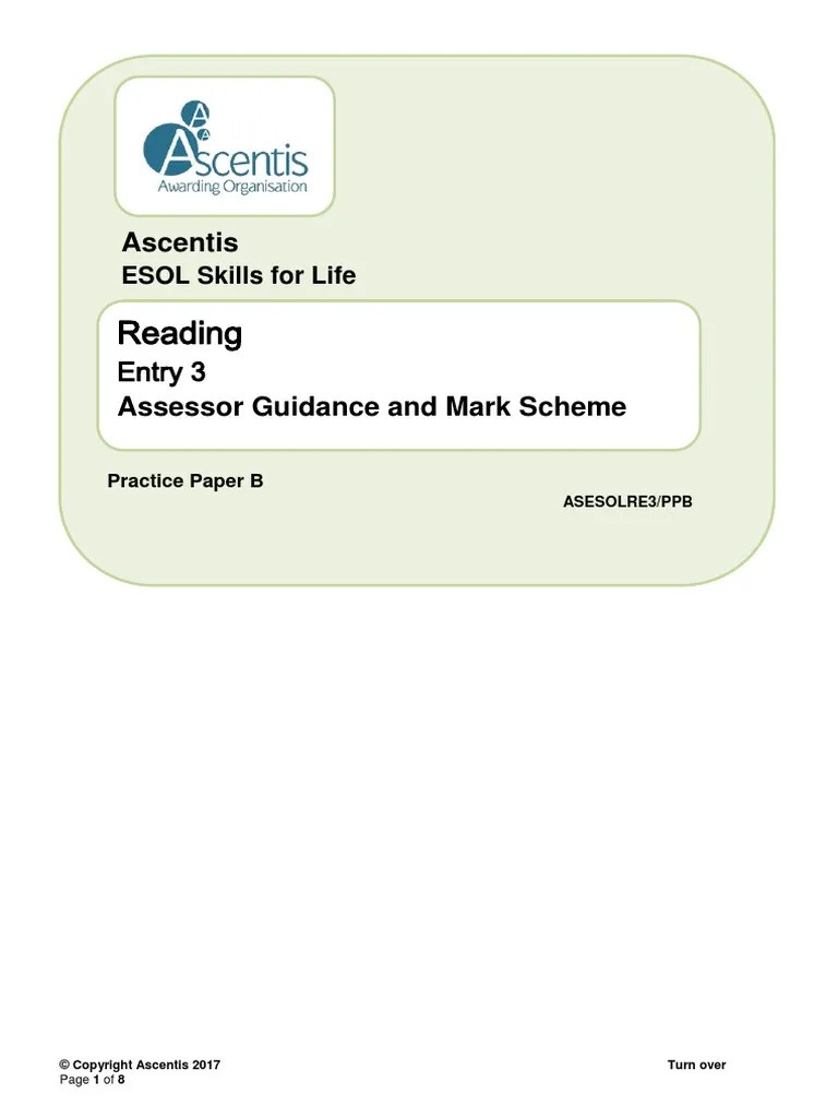 E3 ESOL Reading Assessor Guidance and Markscheme PPB PDF English As