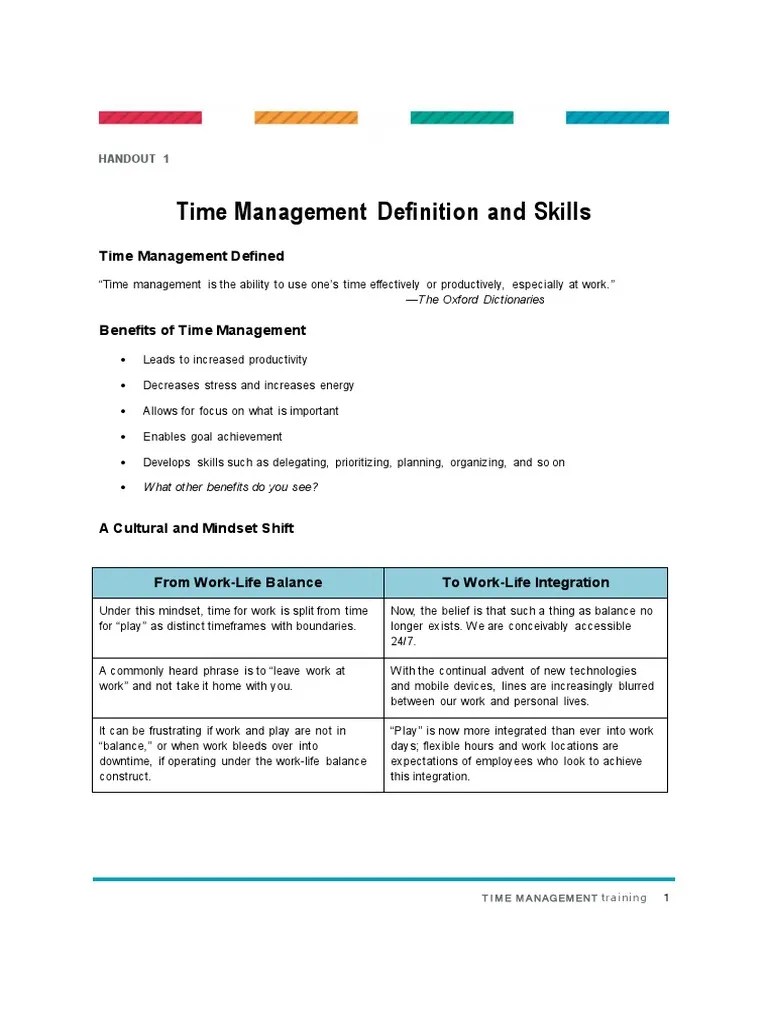 Handout 1 Time Management Definition and Skills PDF Cognition
