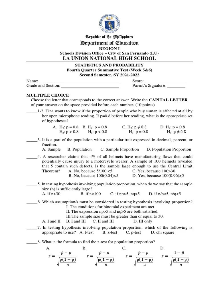 Summative Test Week 5 10 Statistics and Probability PDF Statistical