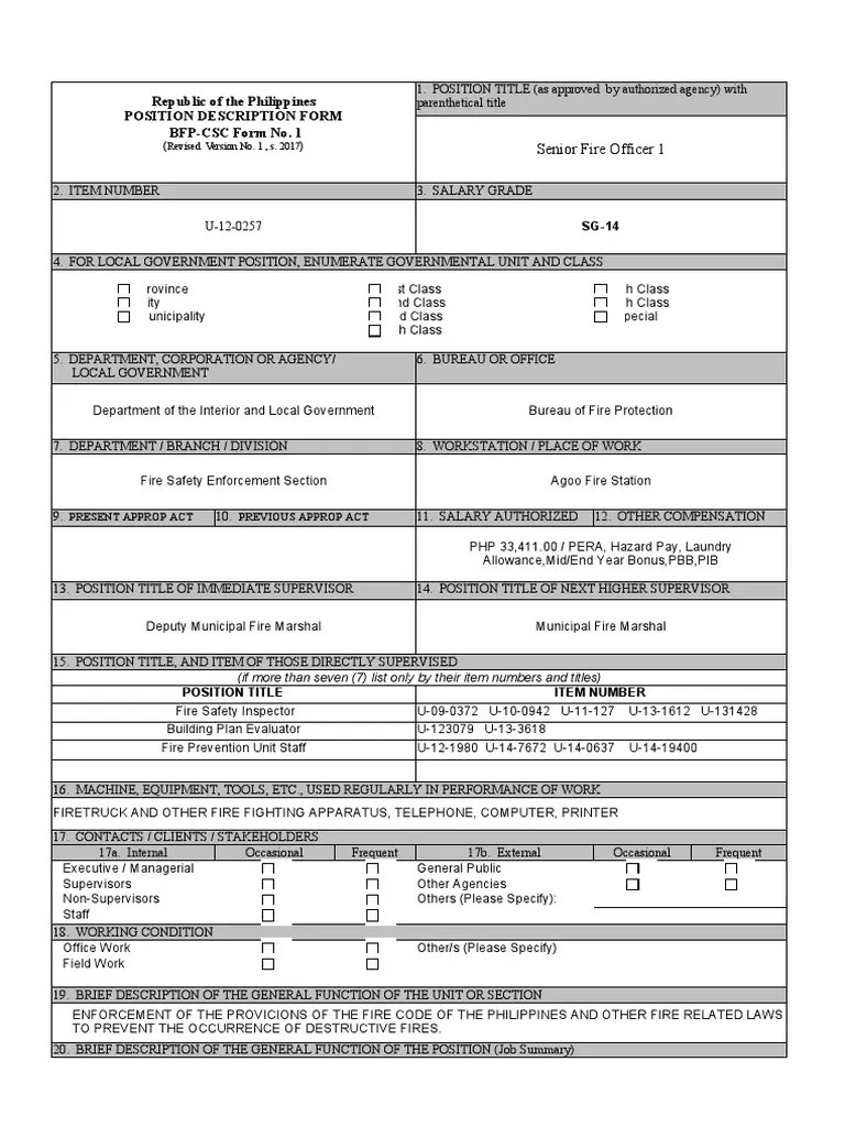 Republic of The Philippines Position Description Form BFPCSC Form No