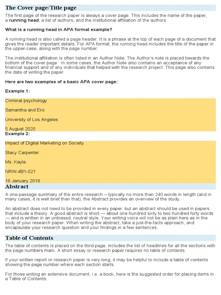 What Is A Running Head in APA Format Example? PDF Academic