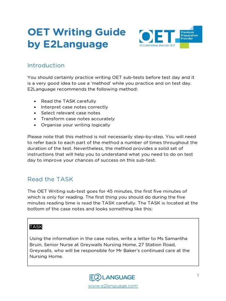 Oet Writing Guide by E2 Language Oet Writing Work Book PDF Nursing
