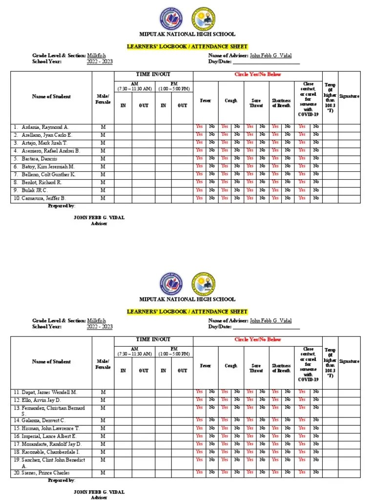 Learners Logbook Attendance Sheet PDF Diseases And Disorders