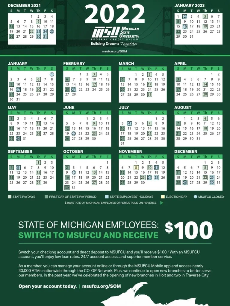 MSU Credit Union Calendar & MI Holidays 2022 PDF Transaction(08)