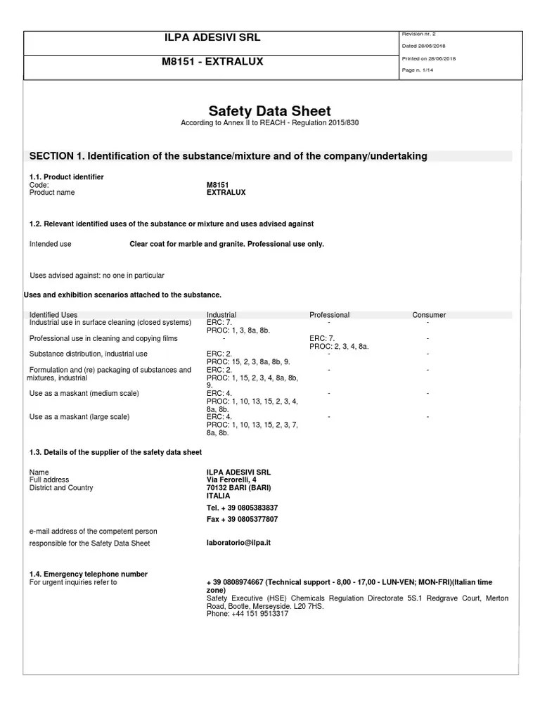 Safety Data Sheet Ilpa Adesivi SRL M8151 Extralux PDF Toxicity