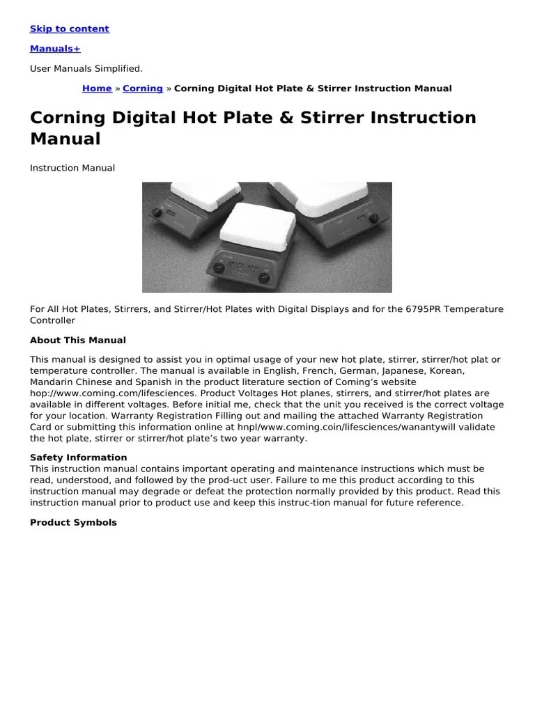 Corning Digital Hot Plate Stirrer Instruction Manual PDF Electrical