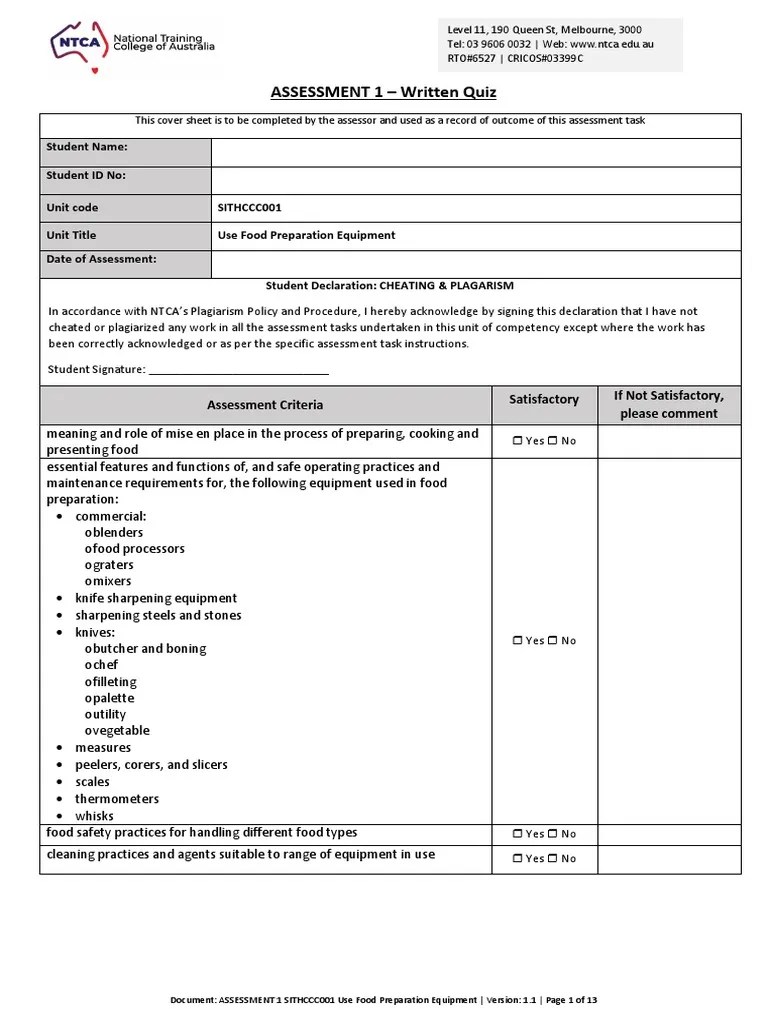 ASSESSMENT 1 SITHCCC001 Use Food Preparation Equipment PDF Foods