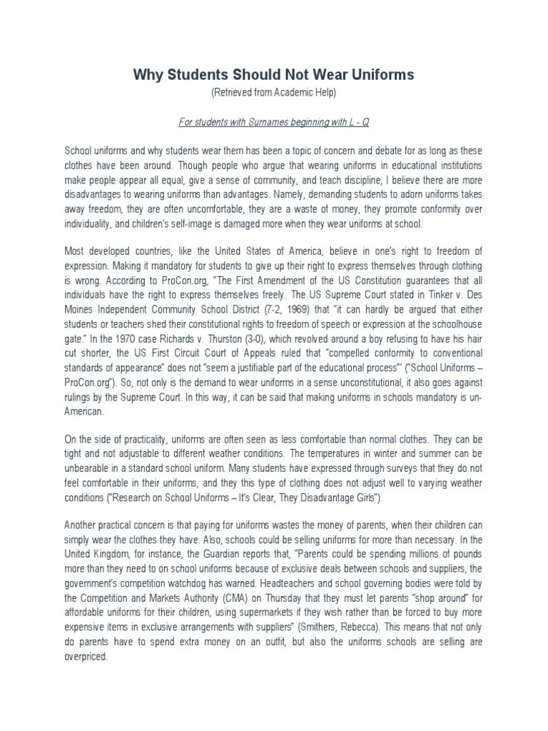 Why Students Should Not Wear Uniforms PDF First Amendment To The