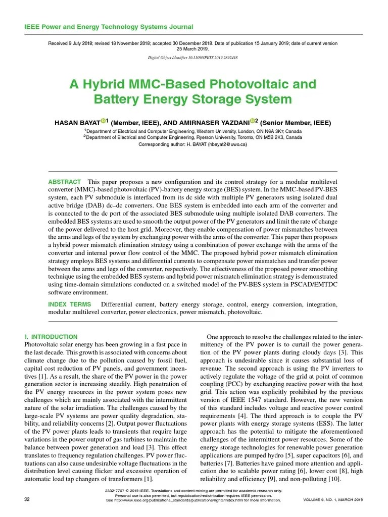 A Hybrid MMCBased Photovoltaic and Battery Energy Storage System