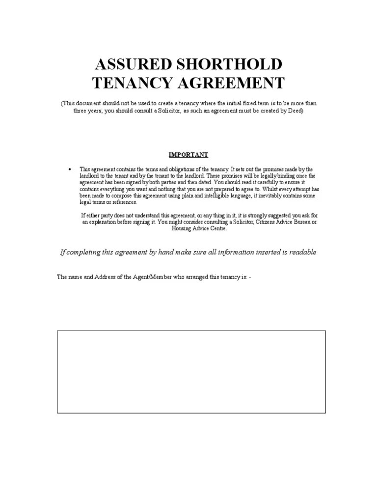 Blank Assured Shorthold Tenancy Agreement Leasehold Estate Eviction