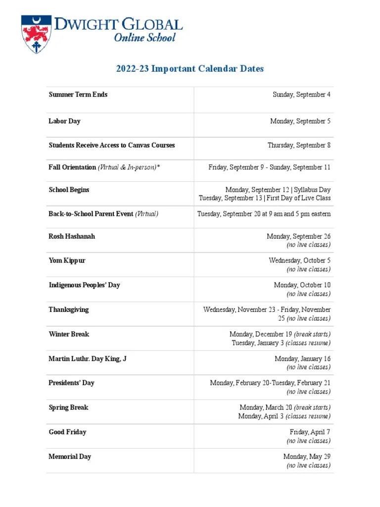 202223 Dwight Global Important Calendar Dates PDF