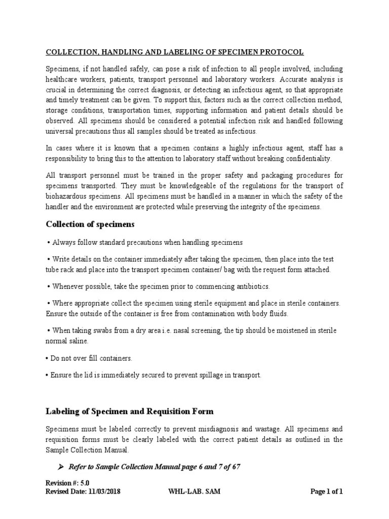 Collection, Handling and Labeling of Specimen Protocol PDF