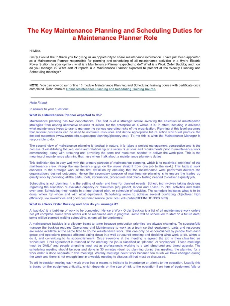 Maintenance Planner Reliability Engineering Scheduling