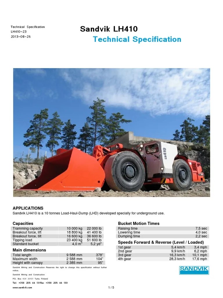 SANDVIK LOADER LH41023, Technical Specification Sheet PDF